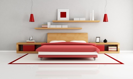 wooden and red minimalist bedroom - renderingの写真素材