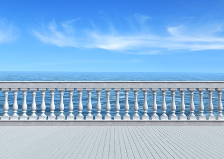 empty terrace overlooking the sea with concrete balustrade and woosen white floor - renderingの写真素材