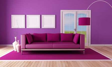 country purple living room with modern couch on carpet-the image on background is a my rendering compositionの写真素材