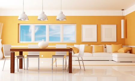 orange dininig room with angle sofa - renderingの写真素材