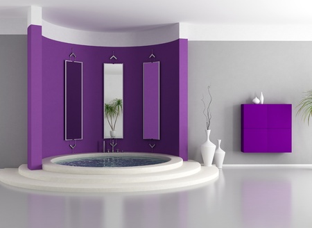 purple  modern bathroom with circular luxury bathtub - renderingの写真素材