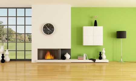 empty contemporary interior with minimalist fireplace -rendering- the image on background is a my photo Sila south italyの写真素材