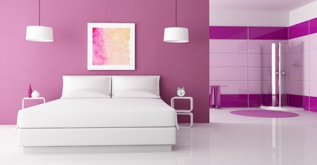 purple bedroom with white double bed and  cabin shower-rendering-the art picture on wall is a my compositionの写真素材