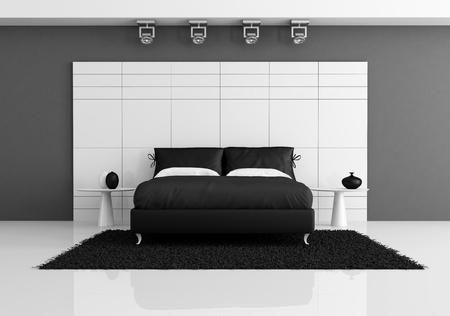 black and white bedroom with double bed against white panel - renderingの写真素材