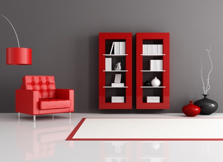 red and black reading room with leather armchair and bookcase - renderingの写真素材