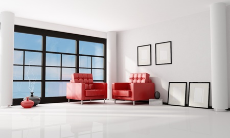 minimalist lounge with two red leather armchair-rendering