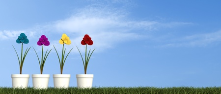 four flower in white vase over grass - rendering-the sky on background is a my photo