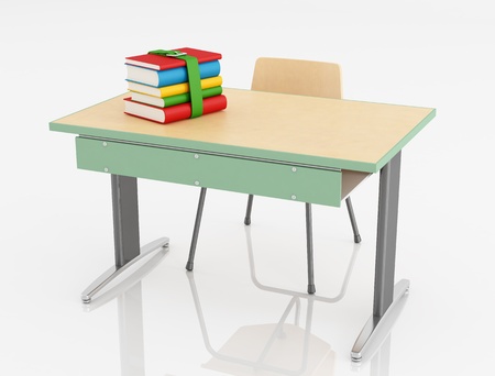 School desk and chair with stack of book isolated - renderingの写真素材