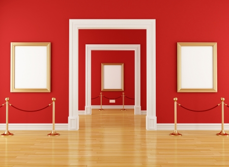 golden empty frame in a red  museum with barrier rope - rendering の写真素材