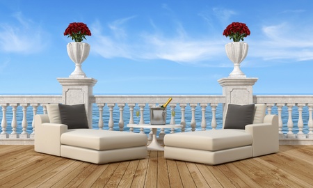 two sofas and a sunny terrace with ice bucket with champagne-rendering-the image on background is a my rendering compositionの写真素材