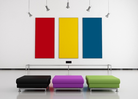 red yellow and blue frame in a modern art gallery with three seat-renderingの写真素材