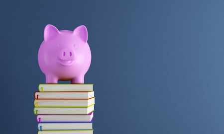 Piggy bank over colorful books against blue wall - renderingの写真素材