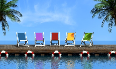 Four  colorful deckchair on boardwalk - renderingの写真素材