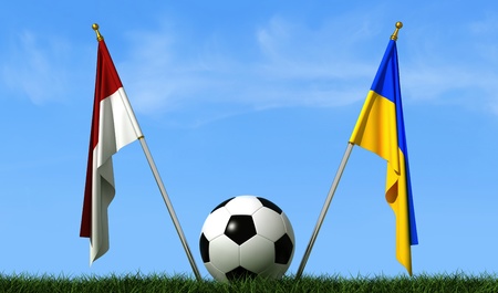 Flags of Ukraine and Poland on a lawn and a soccer ball-renderingの写真素材