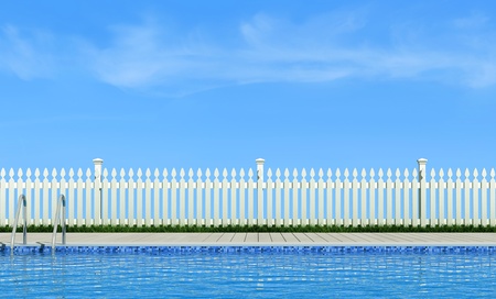 empty  swimming pool in the garden with white fence - renderingの写真素材