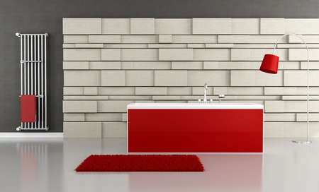 red bathtub in front at stone panel - renderingの写真素材