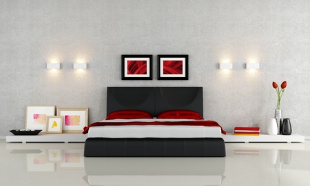 Modern black and red bedroom - renderingの写真素材