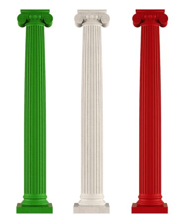 three marble Ionic columns with the colors of the Italian flag isolated on whiteの写真素材