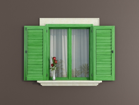 detail of a green window with shutters open - rendering detail of a green window with shutters open - rendering