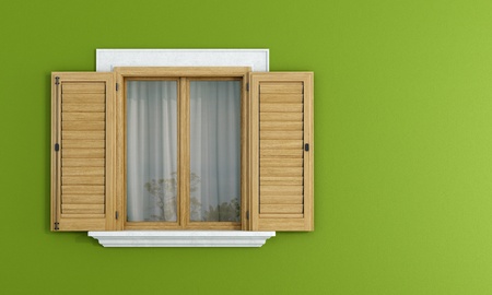 detail of a wooden window with shutters open on green wall - rendering detail of a wooden window with shutters open on green wall - rendering