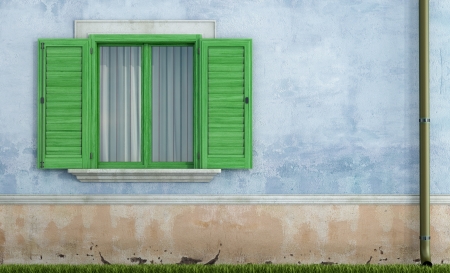 detail of an old house with green  wooden window - renderingの写真素材