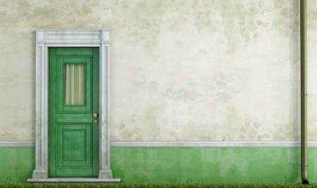detail of an old house with green wooden  front door - renderingの写真素材