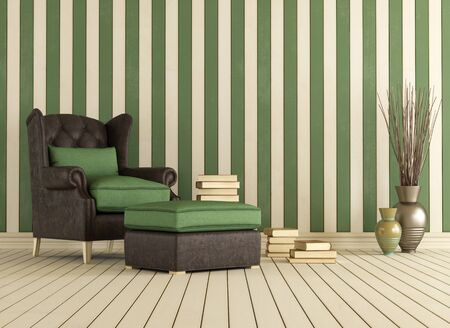 Vintage reading room with classic armchair and old books - renderingの写真素材