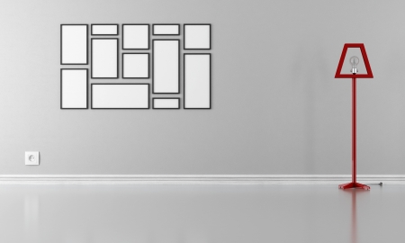 living room with empty frame and red lamp - renderingの写真素材