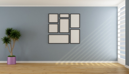 Blue living room with window and blank frames - rendering