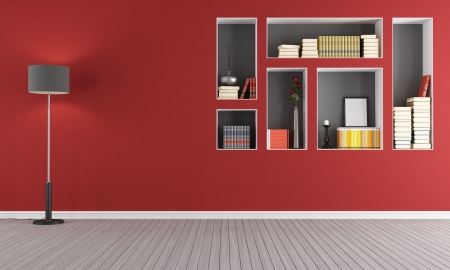 Red empty  living room with  niches used as a bookcase - renderingの写真素材