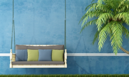 Vintage wooden swing in the garden against blue wall - rendering Vintage wooden swing in the garden against blue wall - rendering