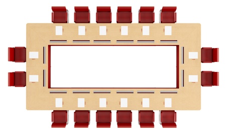 Top view of a wood meeting table with red chair isolated on white - rendering