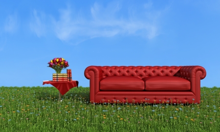 Red leather luxury sofa on grass in a sunny day - renderingの写真素材