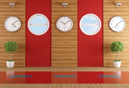 Modern office wihout furniture with red walls,wooden panels and round windows - rendering