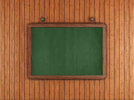 Green chalkboard on wood paneling - rendering - の写真素材