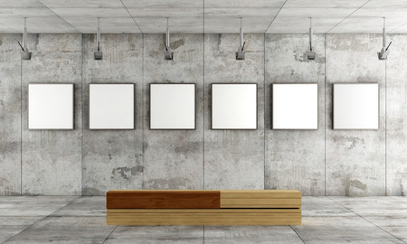 Grunge art gallery with canvas on concrete panel and wooden  contemporary bench- rendering