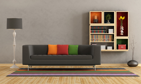 Living room with colorful sofa and bookcase on wall - renderingの写真素材
