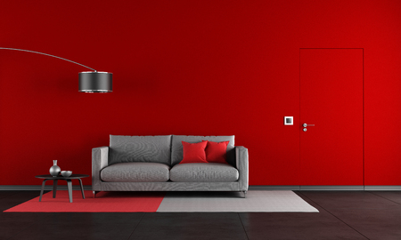 Red and black living room with modern sofa and door - renderingの写真素材