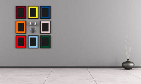 Minimalist room with colorful frame and candle on gray wall - rendering