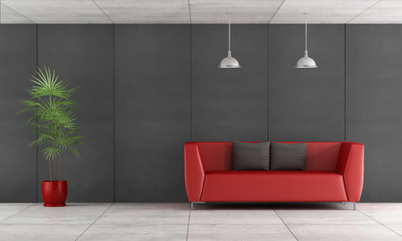 Contemporary living room with wall blackboard paneling and red couch- 3d Renderingの写真素材