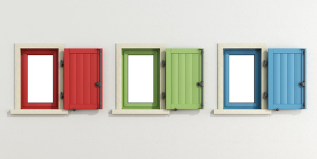 White facade with three colorful windows with open shutter - 3D renderingの写真素材