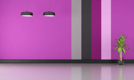 Empty room with  colorful wallpaper,chandelier  and plant - 3D Renderingの写真素材