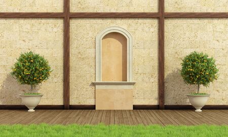 Classic garden with niche,stone wall and wooden floor - 3D Renderingの写真素材