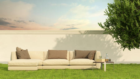 Garden with elegant sofa on grass - 3D Renderingの写真素材
