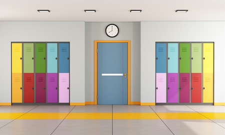 Interior of a modern school with colorful student lockers and door of a classroom  3D Rendering