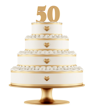 Golden wedding cake isolated on white background - 3D Renderingの写真素材