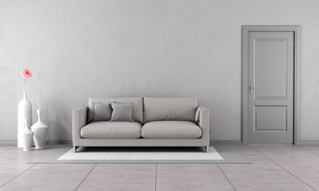 Gray living room with modern couch and closed door-3D Renderingの写真素材