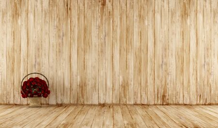 Old wooden room with wicker basket and roses on the floor- 3D Renderingの写真素材