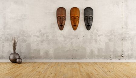 Empty vintage room in ethnic style with african masks on wall - 3D Renderingの写真素材