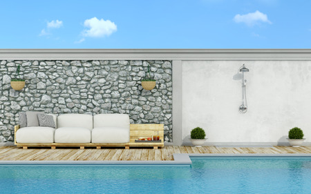 Garden with stone wall, swimming pool,pallet sofa and shower  in a sunny day - 3d Renderingの写真素材